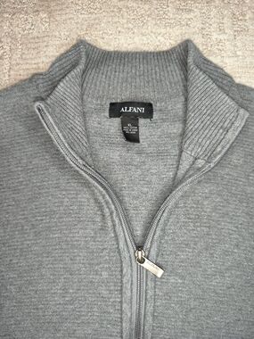 Alfani Mens Sweater Size XL Grey Long Sleeve 100% Cotton Mock Neck Knit Cardigan
